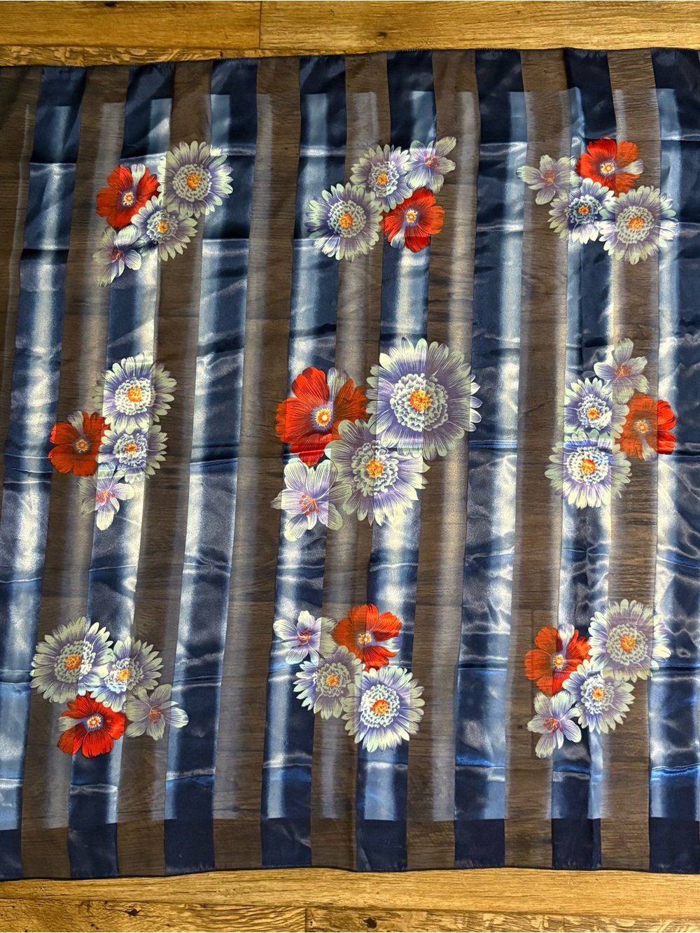 Blue Striped Satin Square Scarf/Wrap with Red Floral Print 39x39